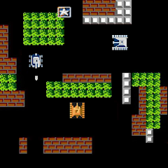 Pixel tank battle scene with a yellow tank, enemy tanks, brick walls, steel and green terrain
